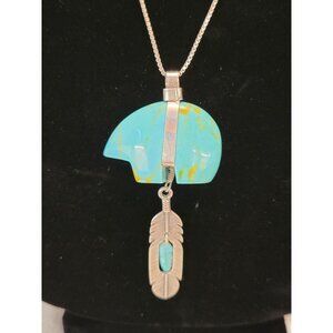 Sterling Silver 925 & Turquoise Bear Fetish Pendant Necklace W/ Dangling Feather